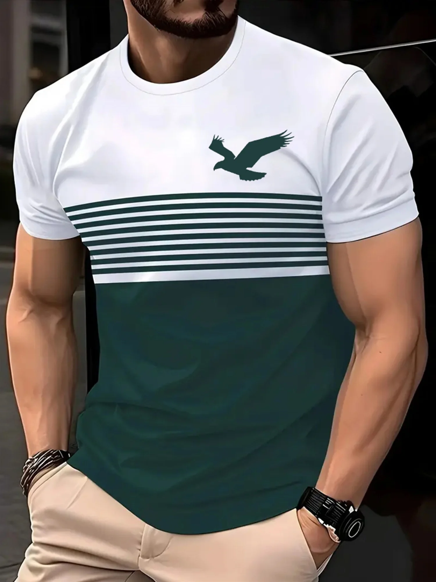3D Printing Eagle - メンズ イーグルプリント ストライプ カラーブロック Tシャツ アメリカンカジュアル
