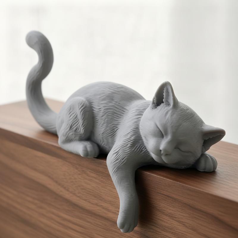 3D Printing Office Setup - 3Dプリント製の、のんびりとした猫のモニター台座装飾品。おしゃれでかわいいデザインで、ゲーミング環境やオフィスに最適。猫好きへのプレゼントにも。