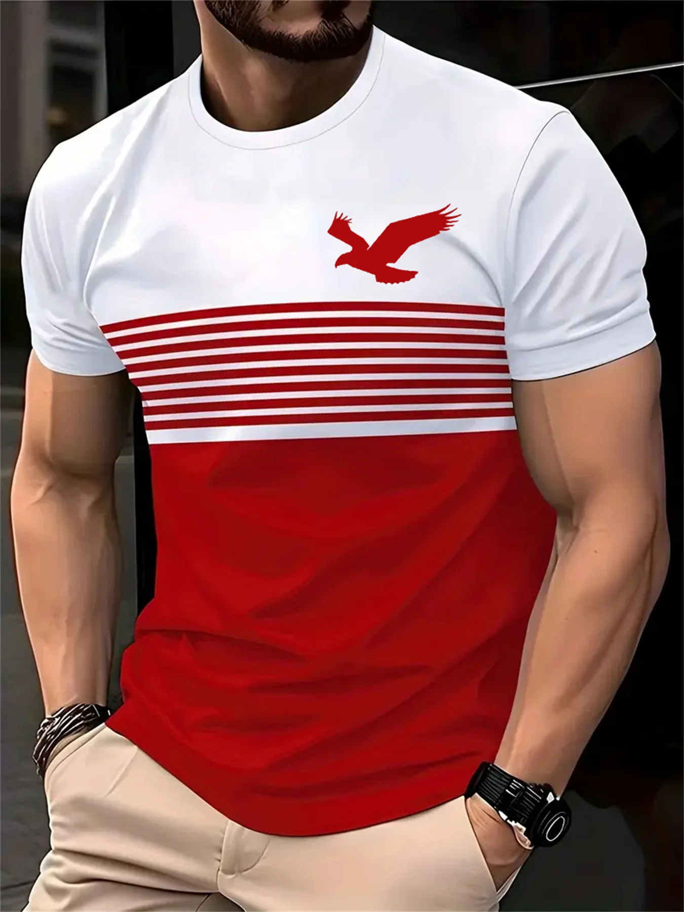 メンズ イーグルプリント ストライプ カラーブロック Tシャ - 3D Printing Eagle のレビューと価格
