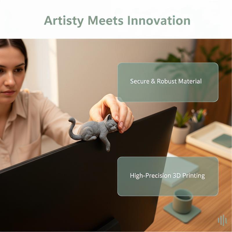 3Dプリント製の、のんびりとした猫のモニター台座装飾品。おし - 3D Printing Office Setup のレビューと価格
